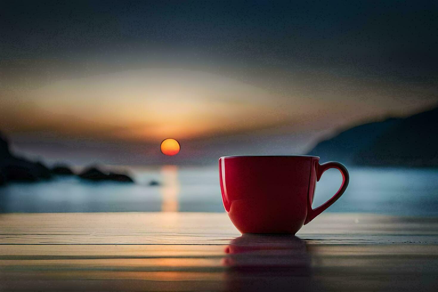 a red coffee cup sits on a table overlooking the ocean. AI-Generated photo