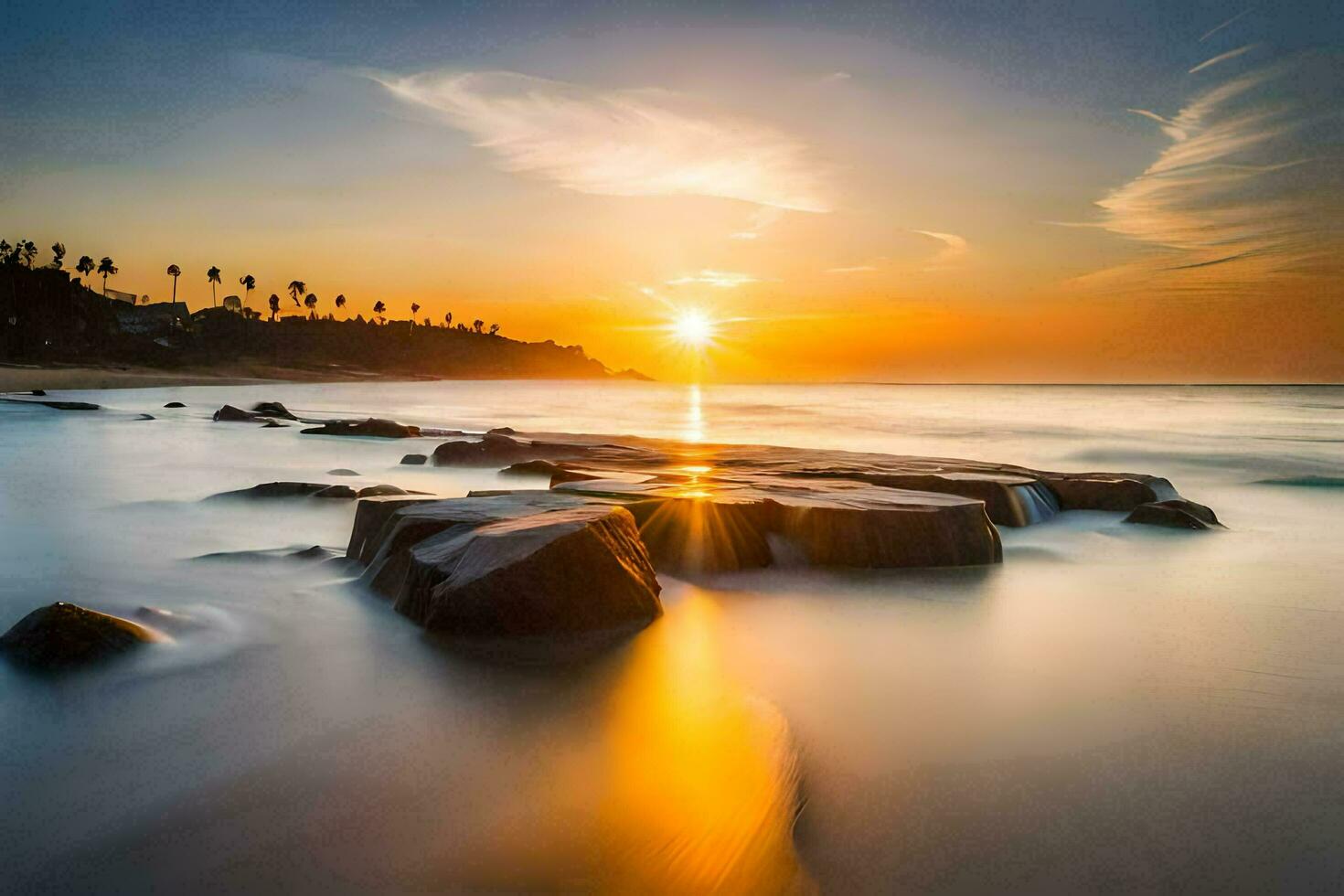 the sun sets over the ocean in this long exposure photograph. AI-Generated photo