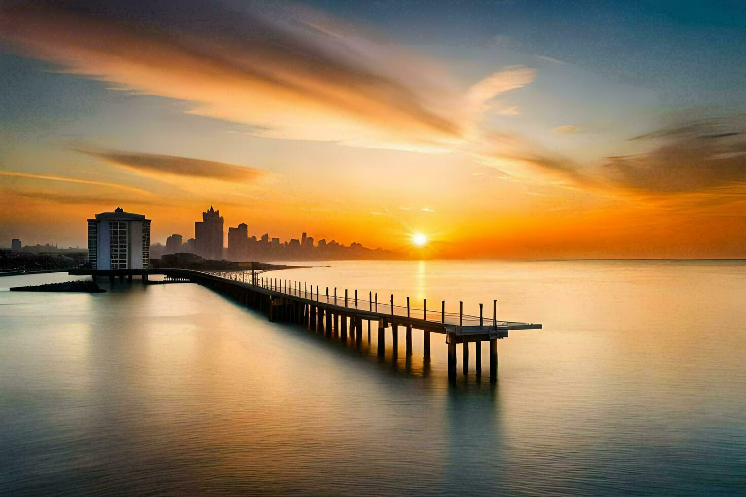 a pier with a city skyline in the background. AI-Generated photo