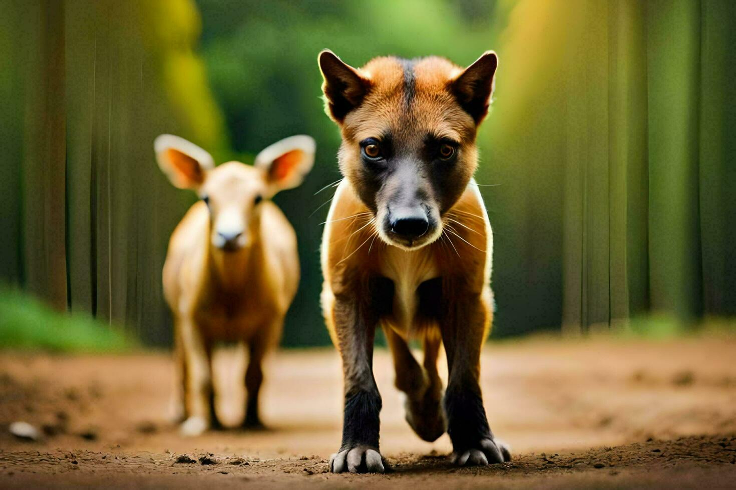 dos perros caminando en un suciedad la carretera en el bosque. generado por ai foto