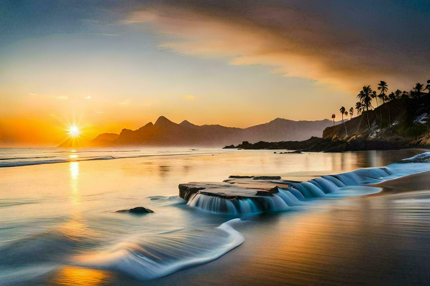 the sun sets over the ocean and waves. AI-Generated photo