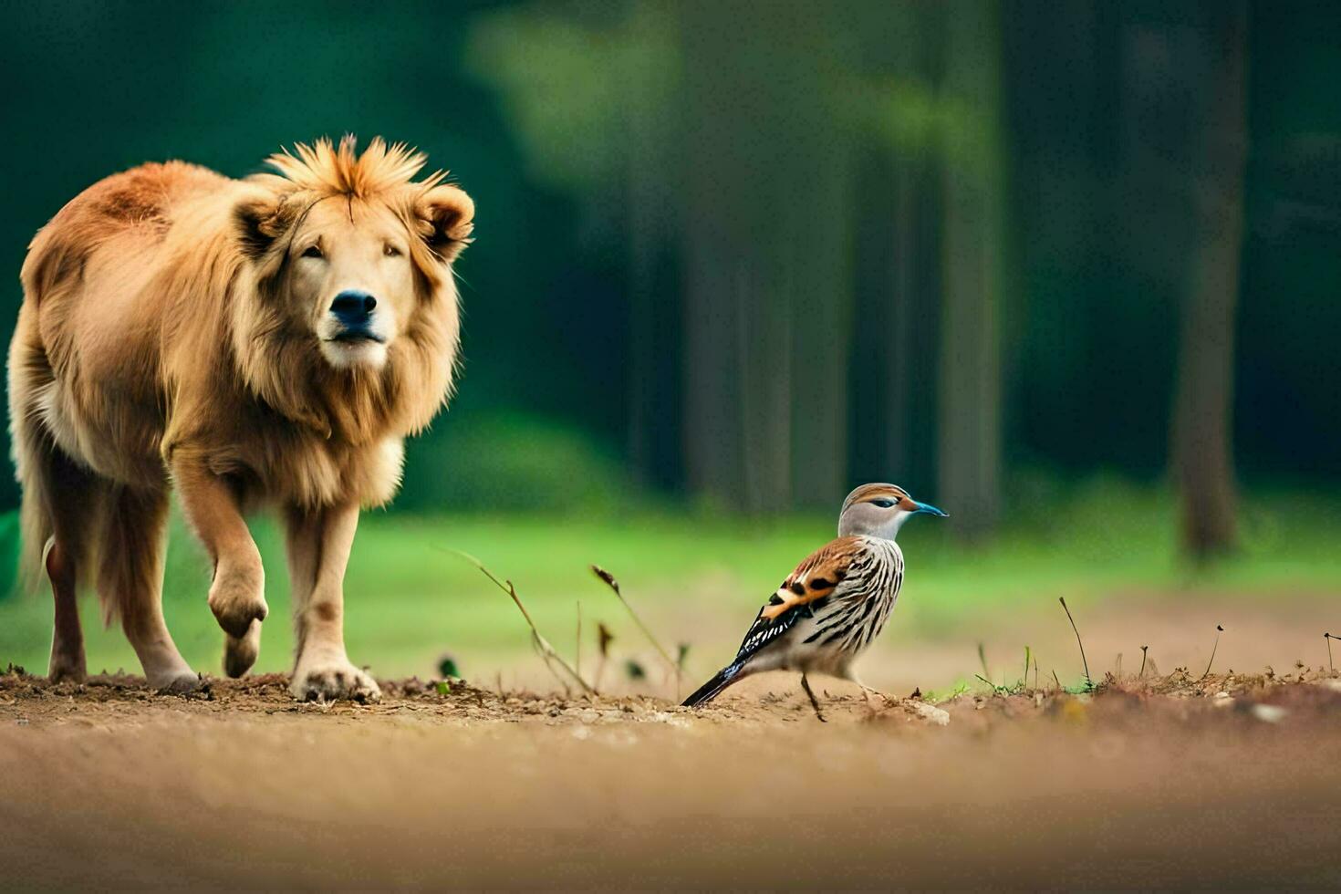 a lion and a bird in the forest. AI-Generated photo