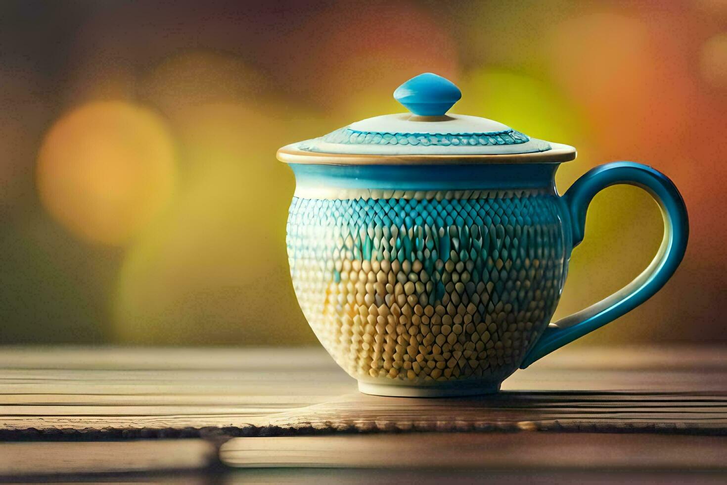 a blue and white teapot sitting on a wooden table. AI-Generated photo