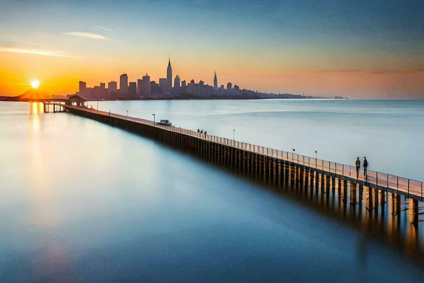 el puesta de sol terminado san francisco desde el muelle. generado por ai foto