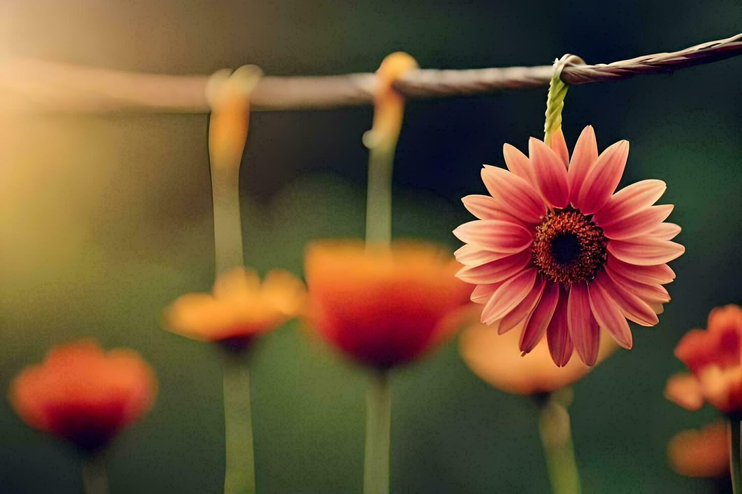 flowers hanging from a wire. AI-Generated photo