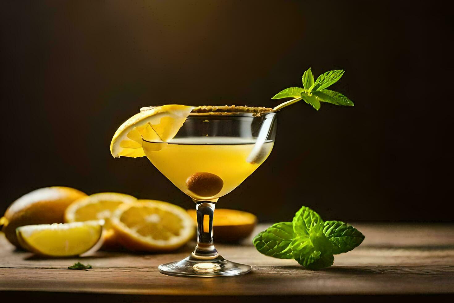 cocktail with lemon and mint on a wooden table. AI-Generated photo