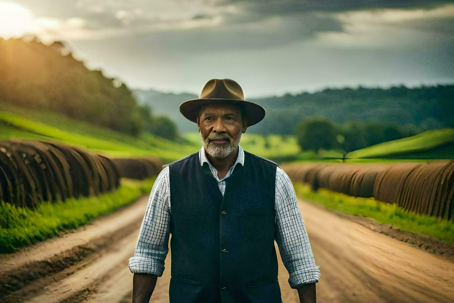 an old man in a hat and vest standing on a dirt road. AI-Generated photo