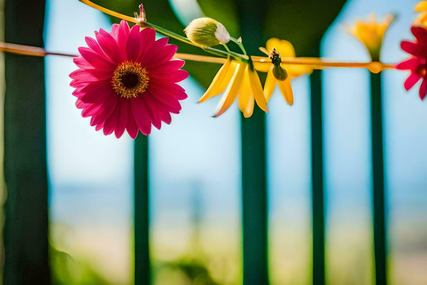 colorful flowers hanging from a fence. AI-Generated photo