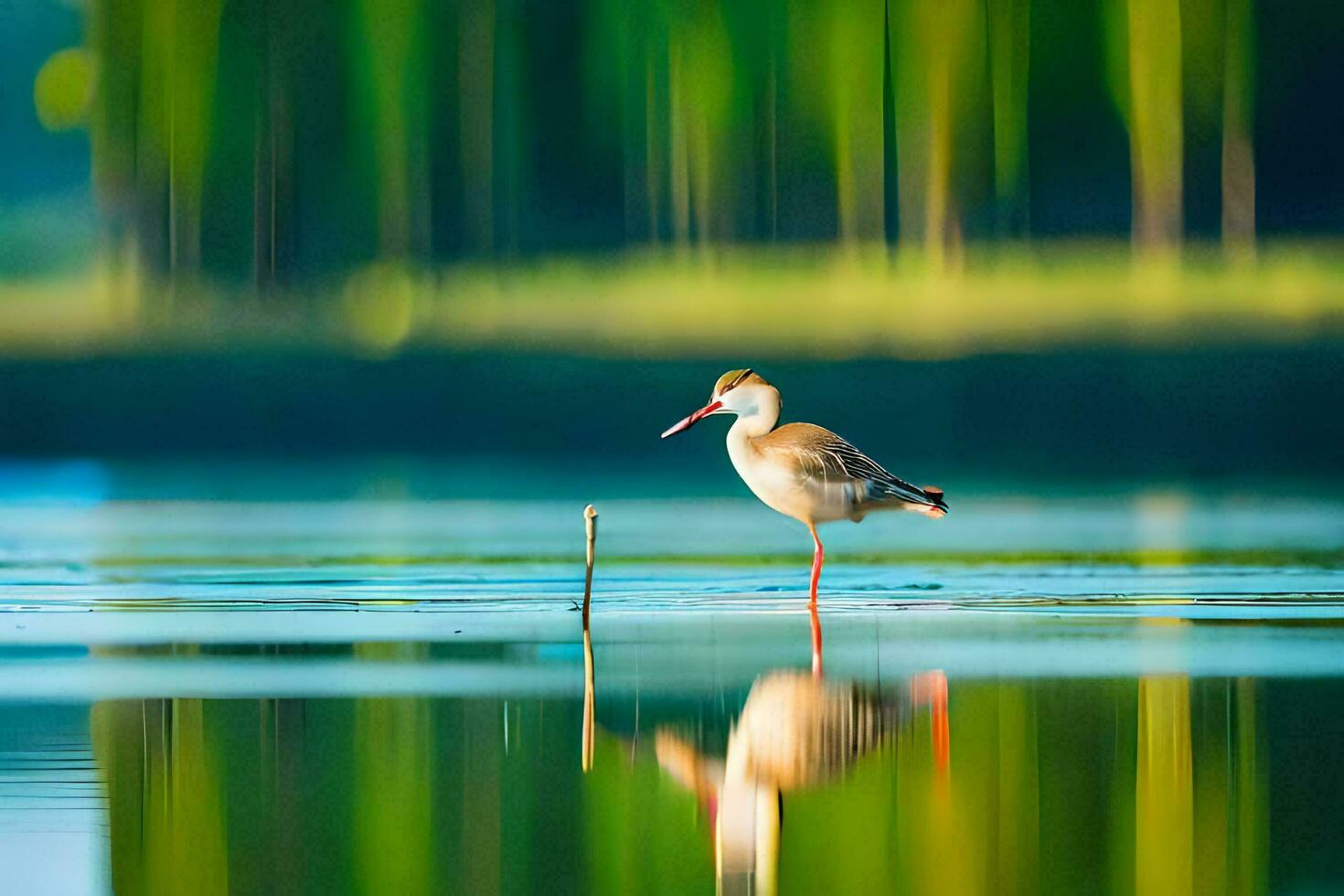 un pájaro en pie en un pequeño isla en un lago. generado por ai foto