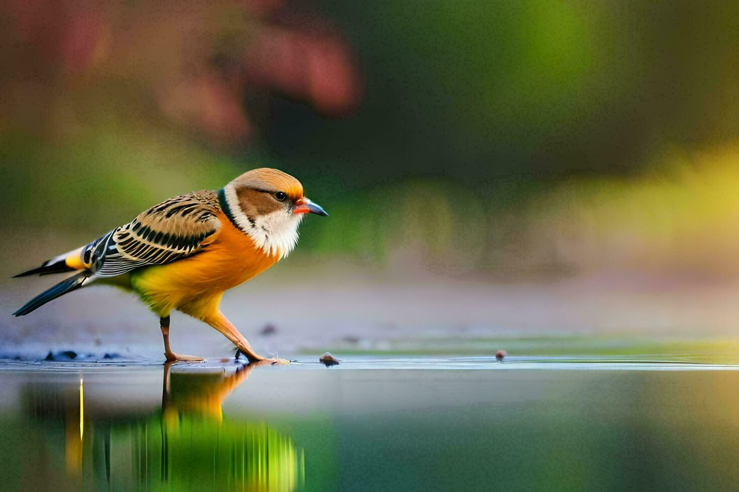 a bird standing on the water with its reflection. AI-Generated photo
