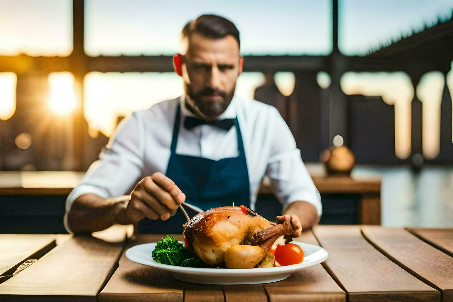 a man in apron is eating a chicken on a plate. AI-Generated photo