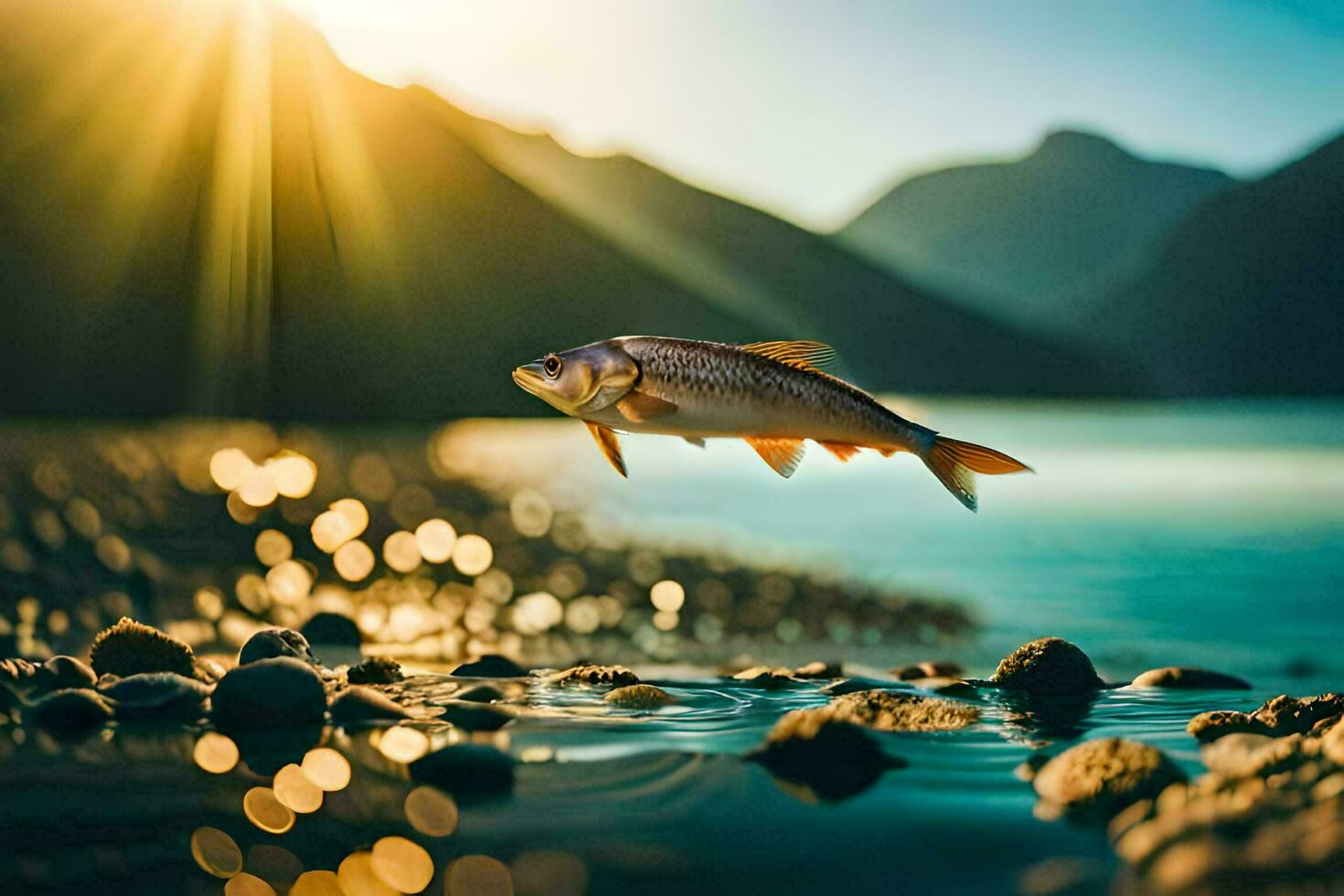 un pescado saltando fuera de el agua a puesta de sol. generado por ai foto