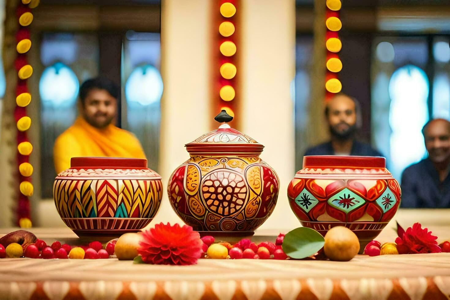 three colorful vases on a table with people in the background. AI-Generated photo