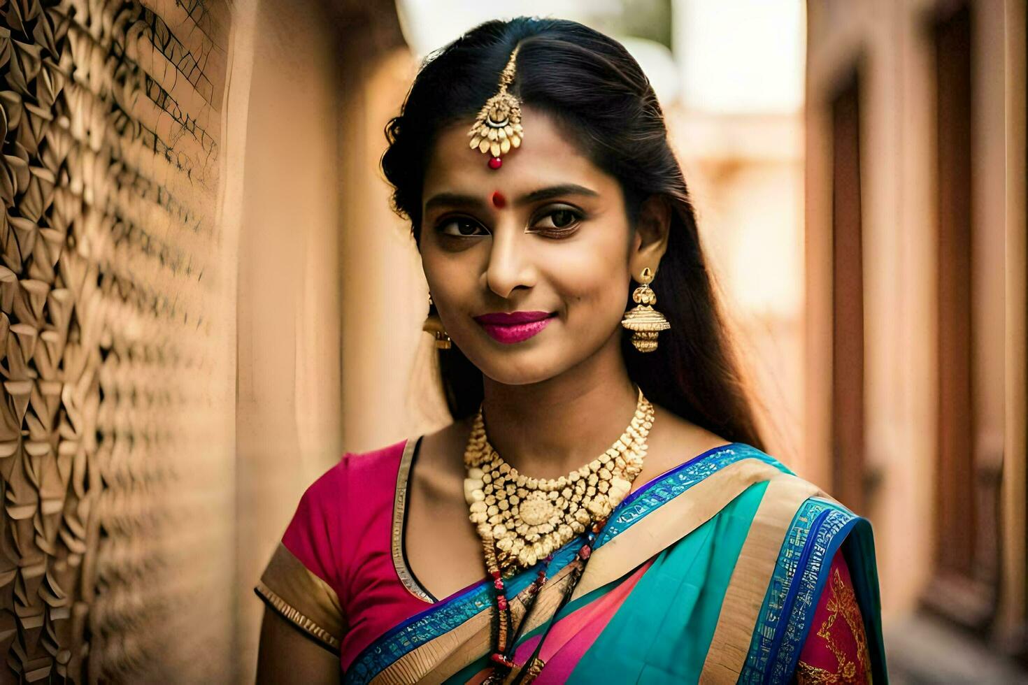 a beautiful indian woman in a colorful sari. AI-Generated photo