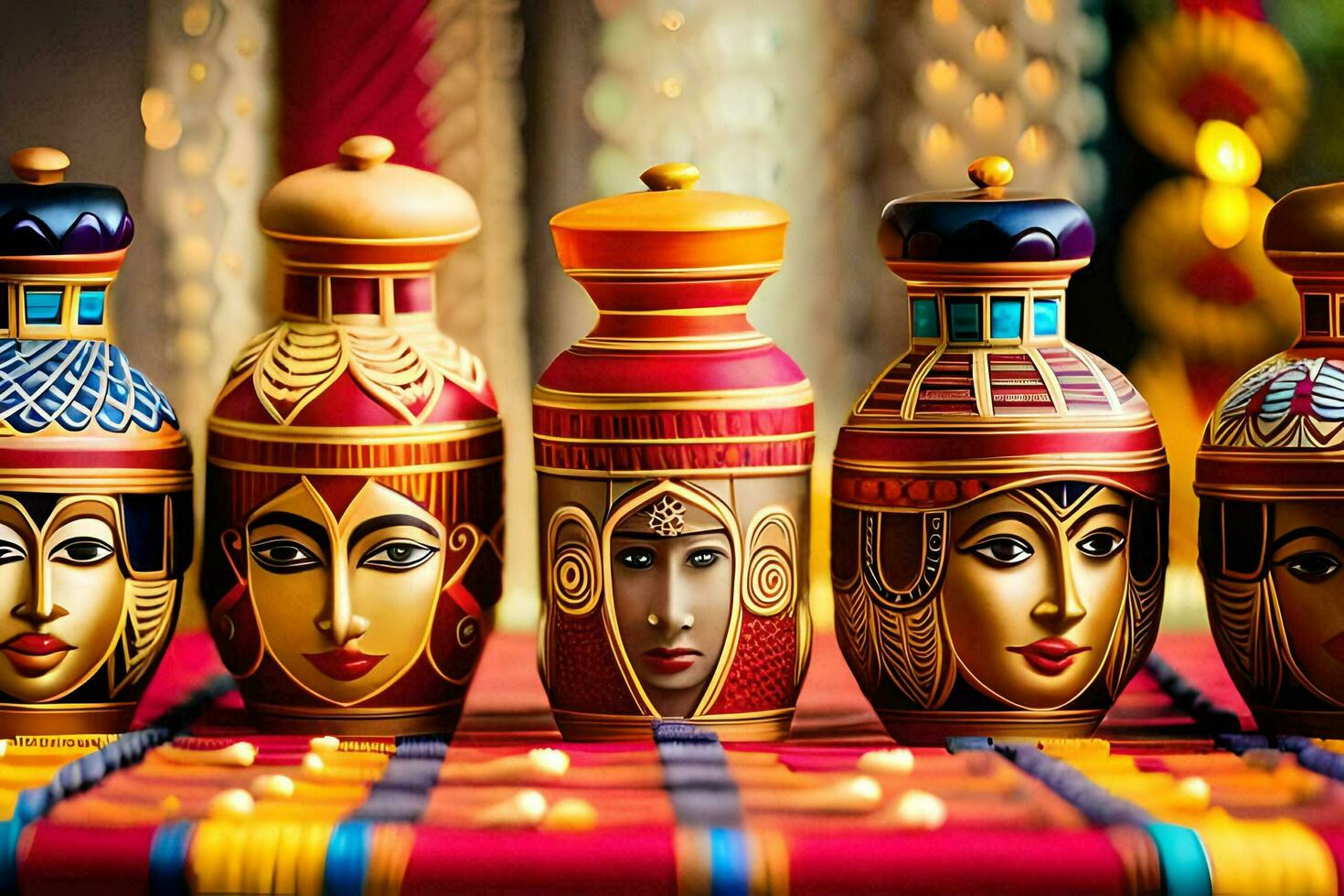 five colorful wooden vases with faces on them. AI-Generated photo
