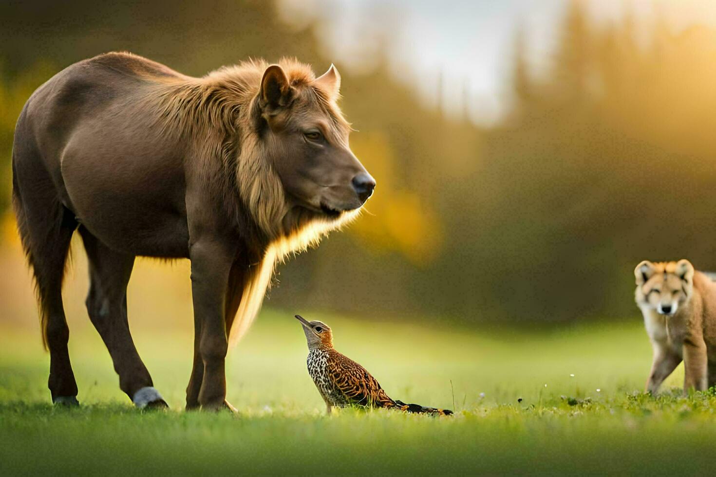 a lion and a bird are standing in the grass. AI-Generated photo