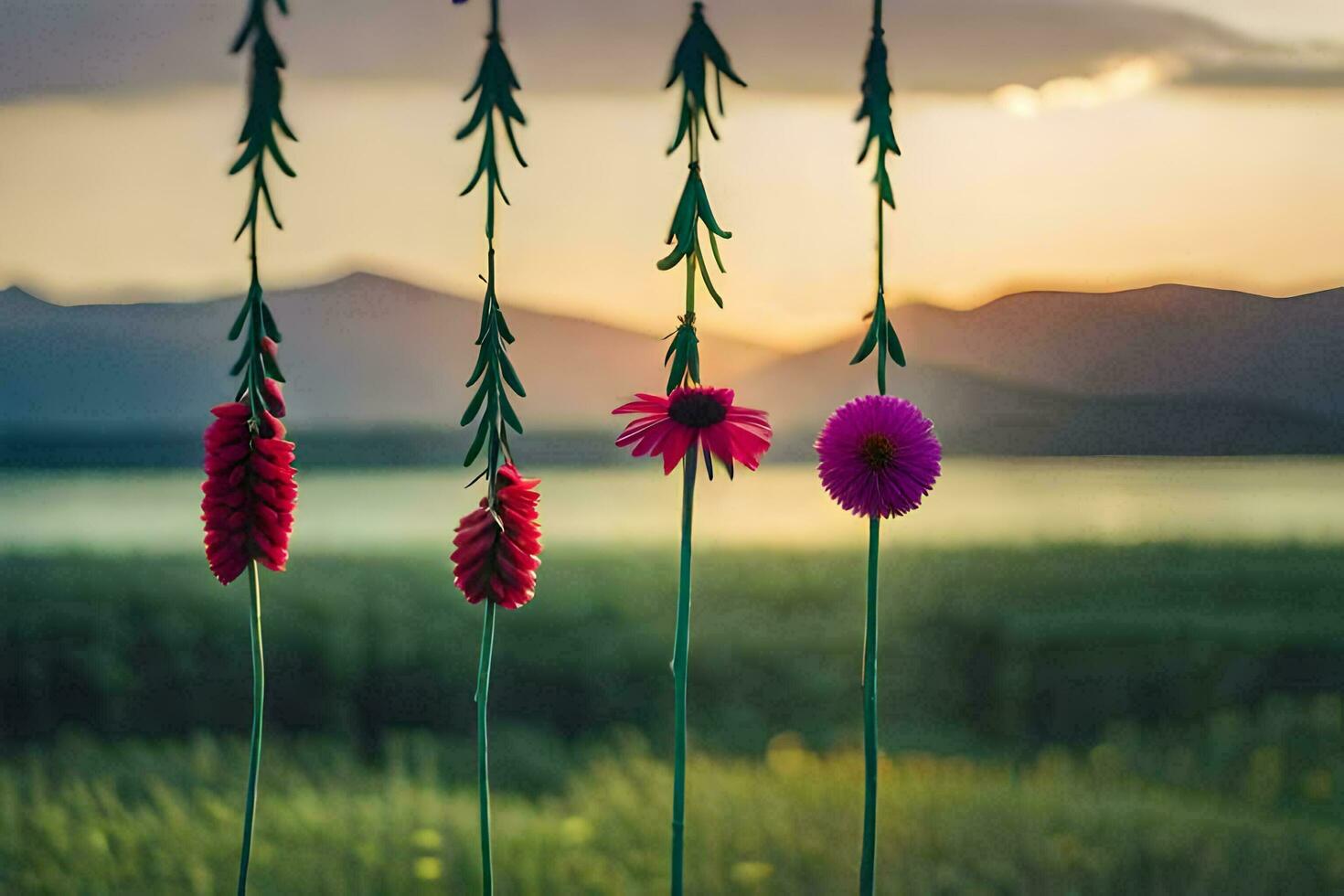 flowers hanging from a string in front of a lake. AI-Generated photo