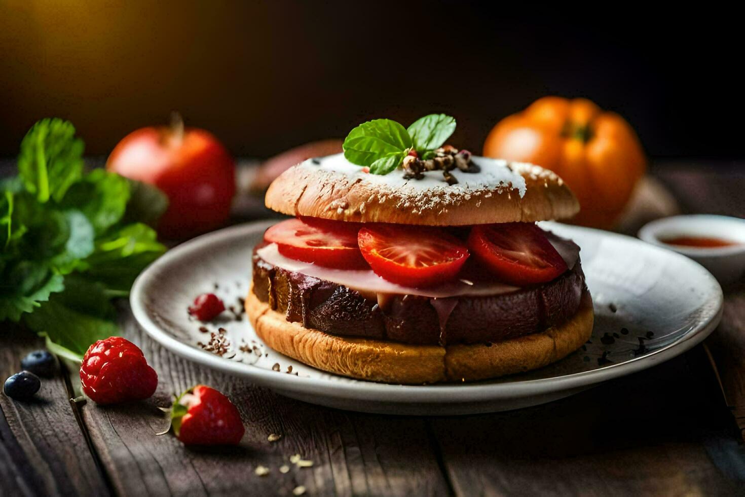 a hamburger with tomatoes and strawberries on a plate. AI-Generated photo