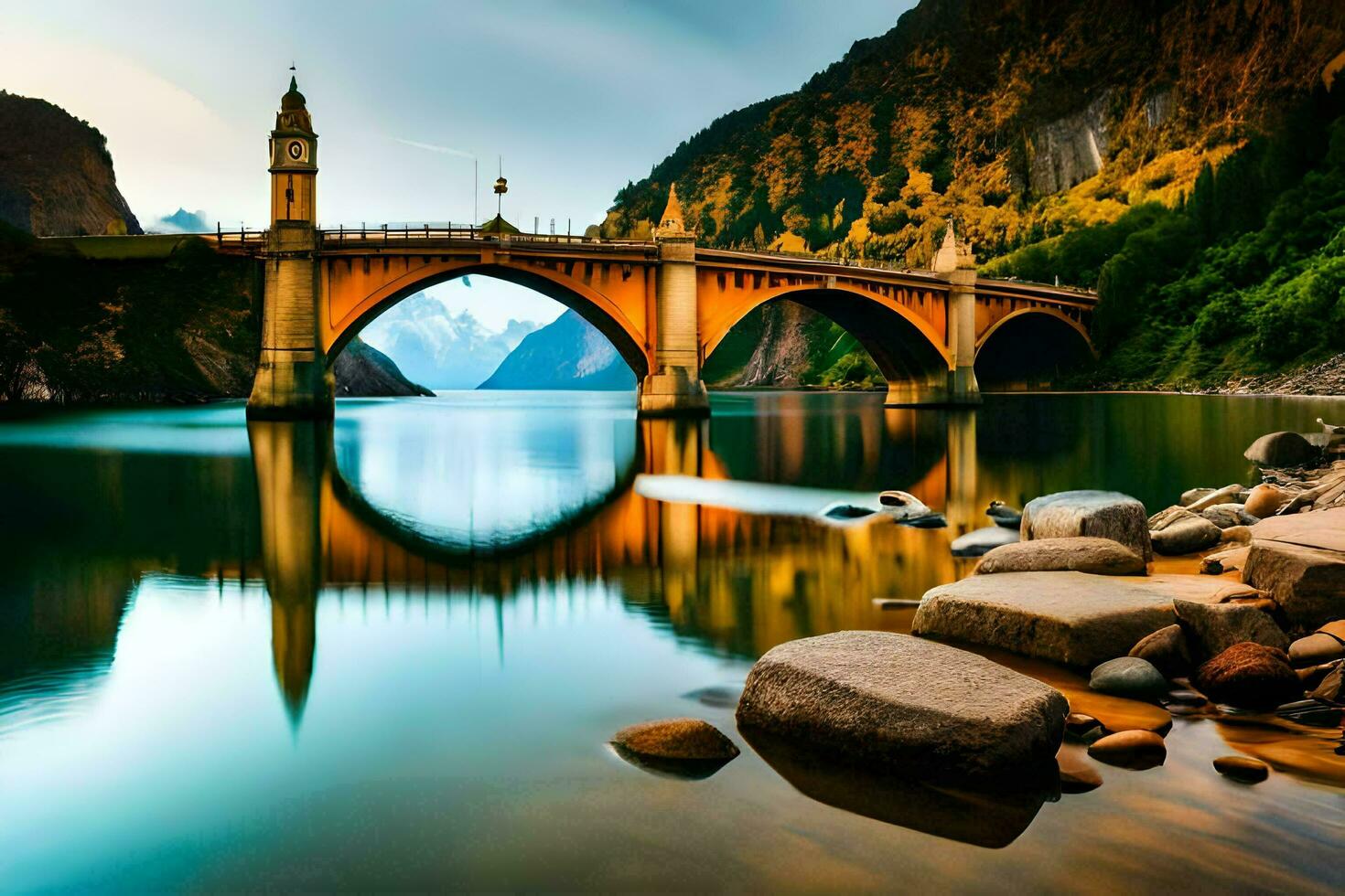 un puente abarcando terminado un río con montañas en el antecedentes. generado por ai foto