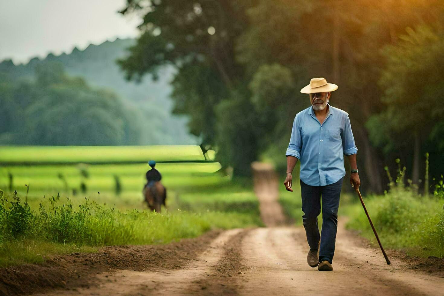 an older man walking down a dirt road with a cane. AI-Generated photo