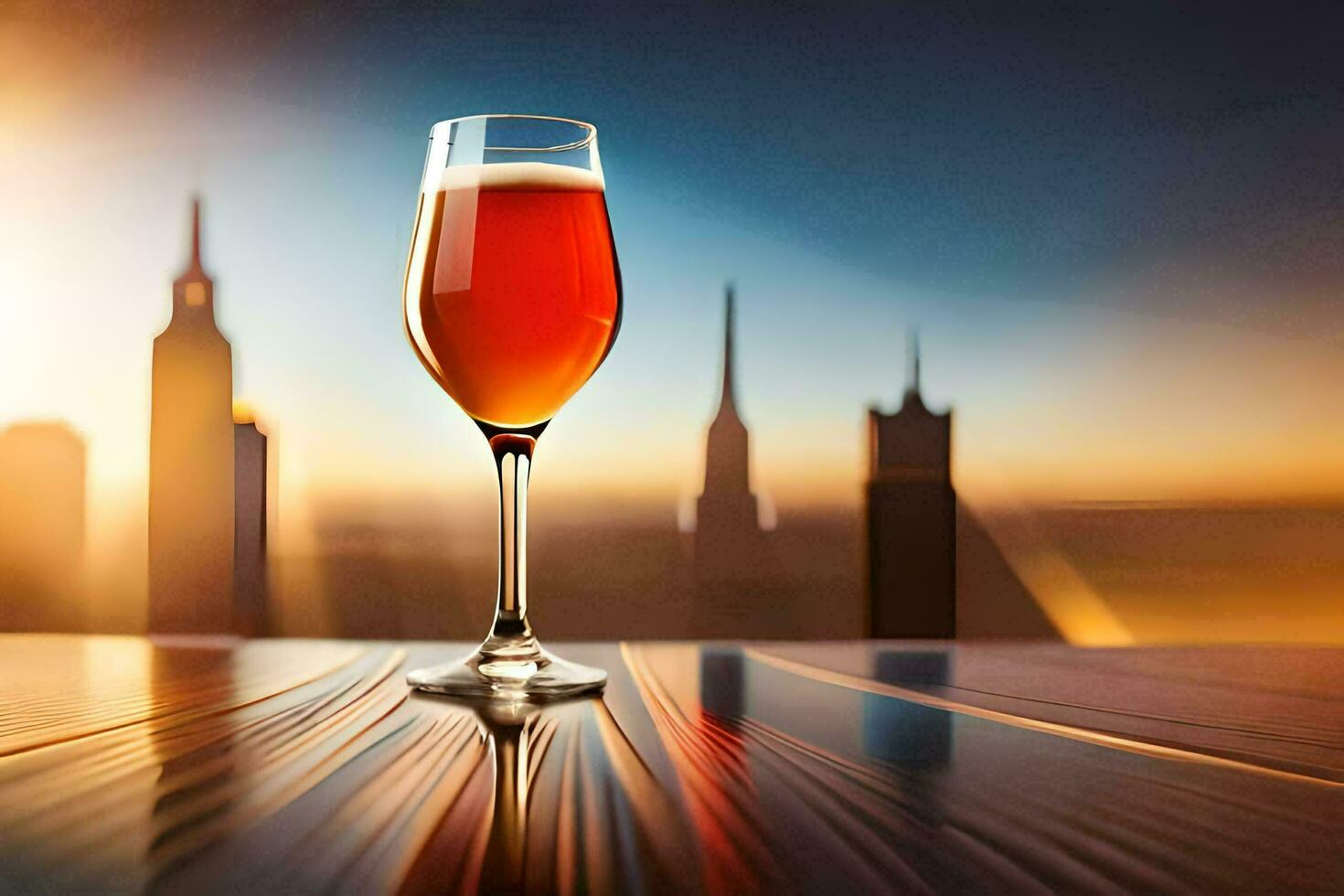 un vaso de rojo vino en un mesa en frente de un ciudad horizonte. generado por ai foto