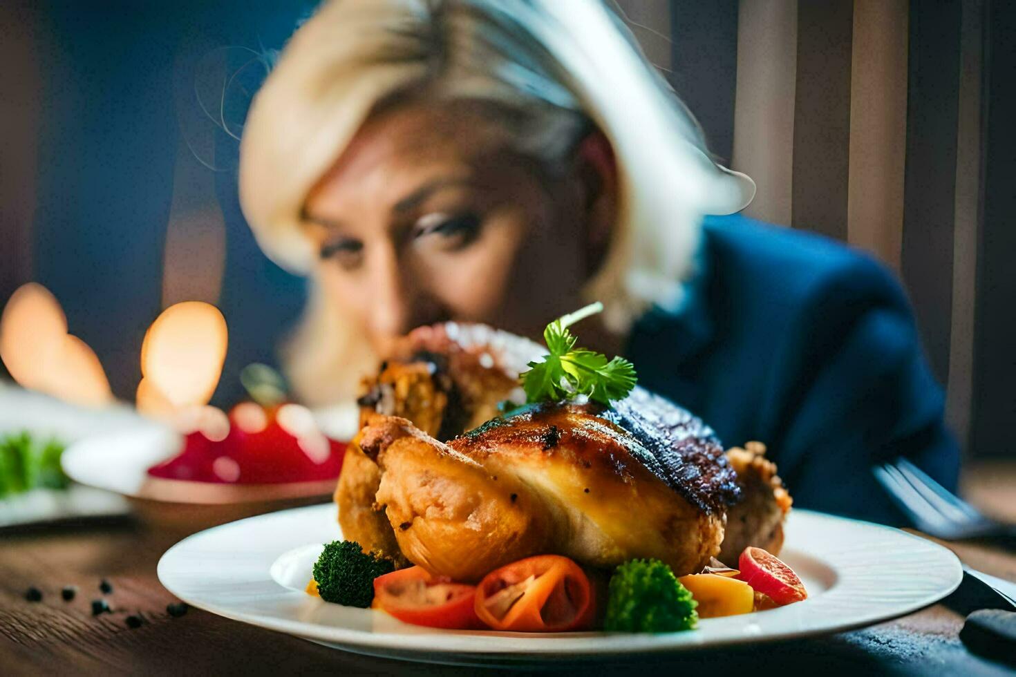 un mujer es mirando a un plato de alimento. generado por ai foto