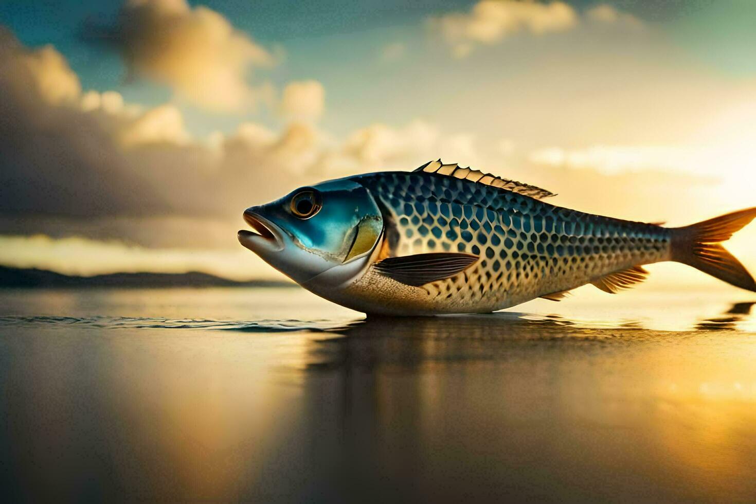 a fish is standing on the beach at sunset. AI-Generated photo