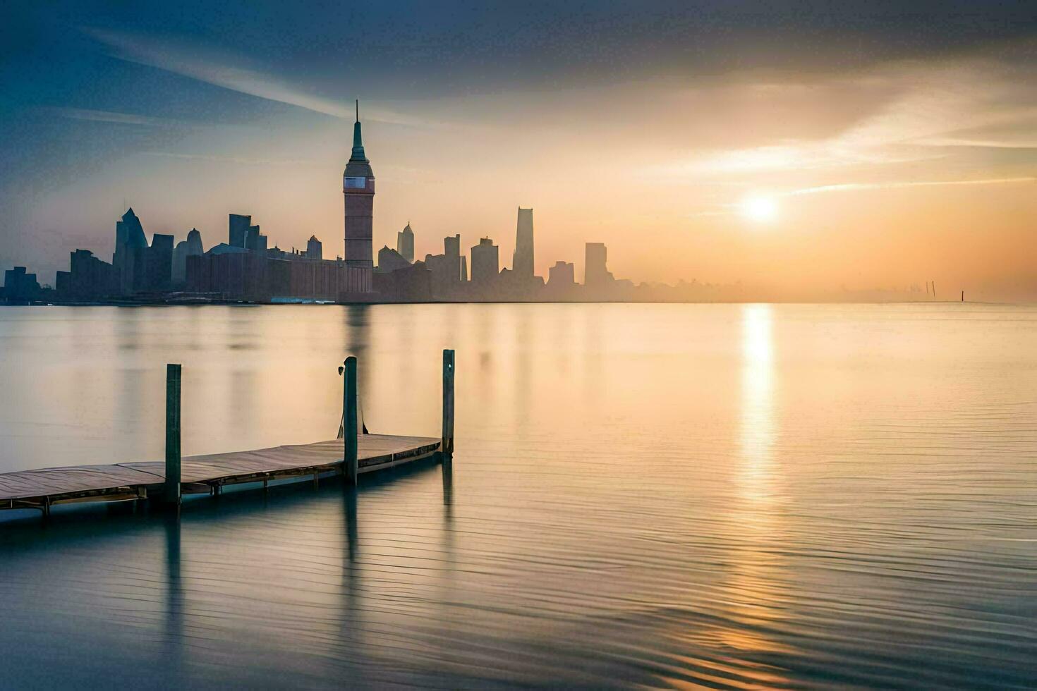 a pier in the water with a city skyline in the background. AI-Generated photo