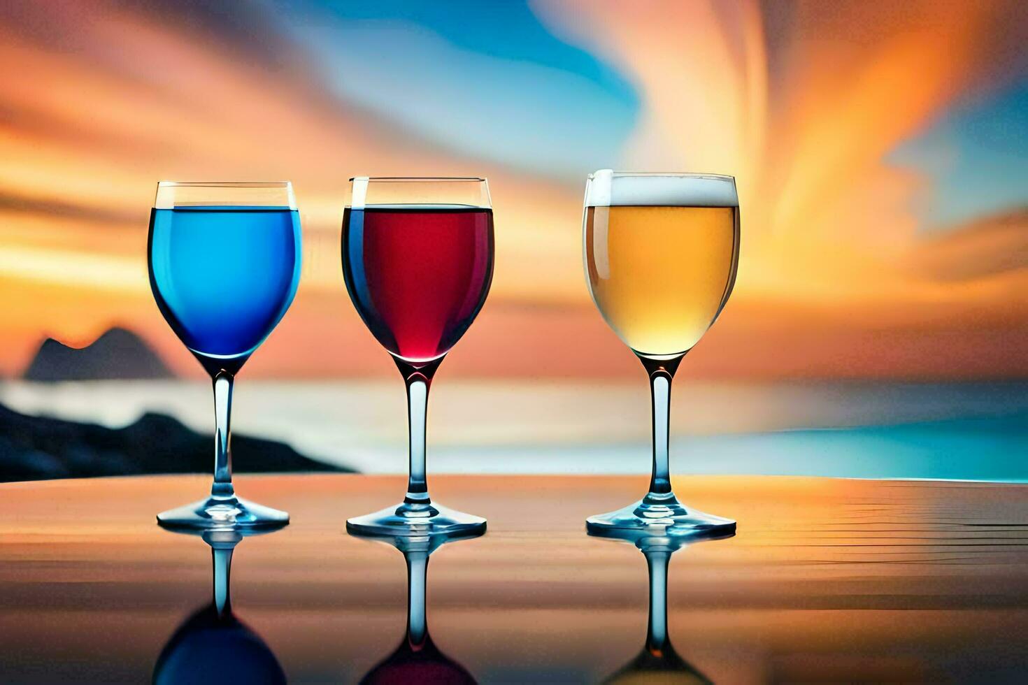 three glasses of wine on a table with a sunset in the background. AI-Generated photo