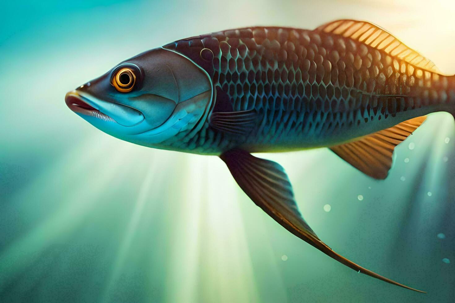 a fish in the water with sunlight shining. AI-Generated photo