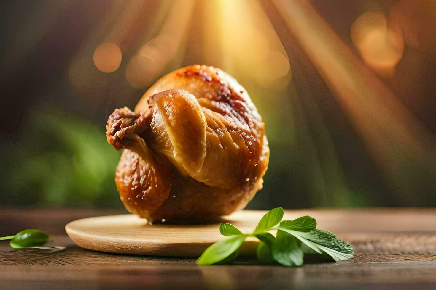 a roasted chicken on a wooden board with leaves. AI-Generated photo