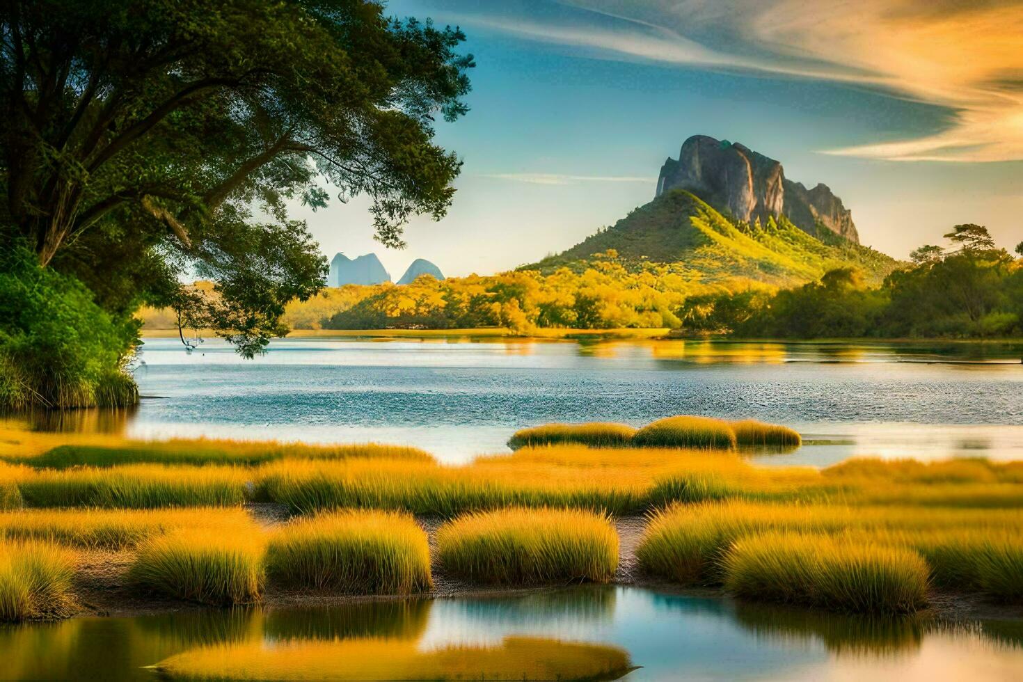 the beautiful landscape of the river and mountains. AI-Generated photo