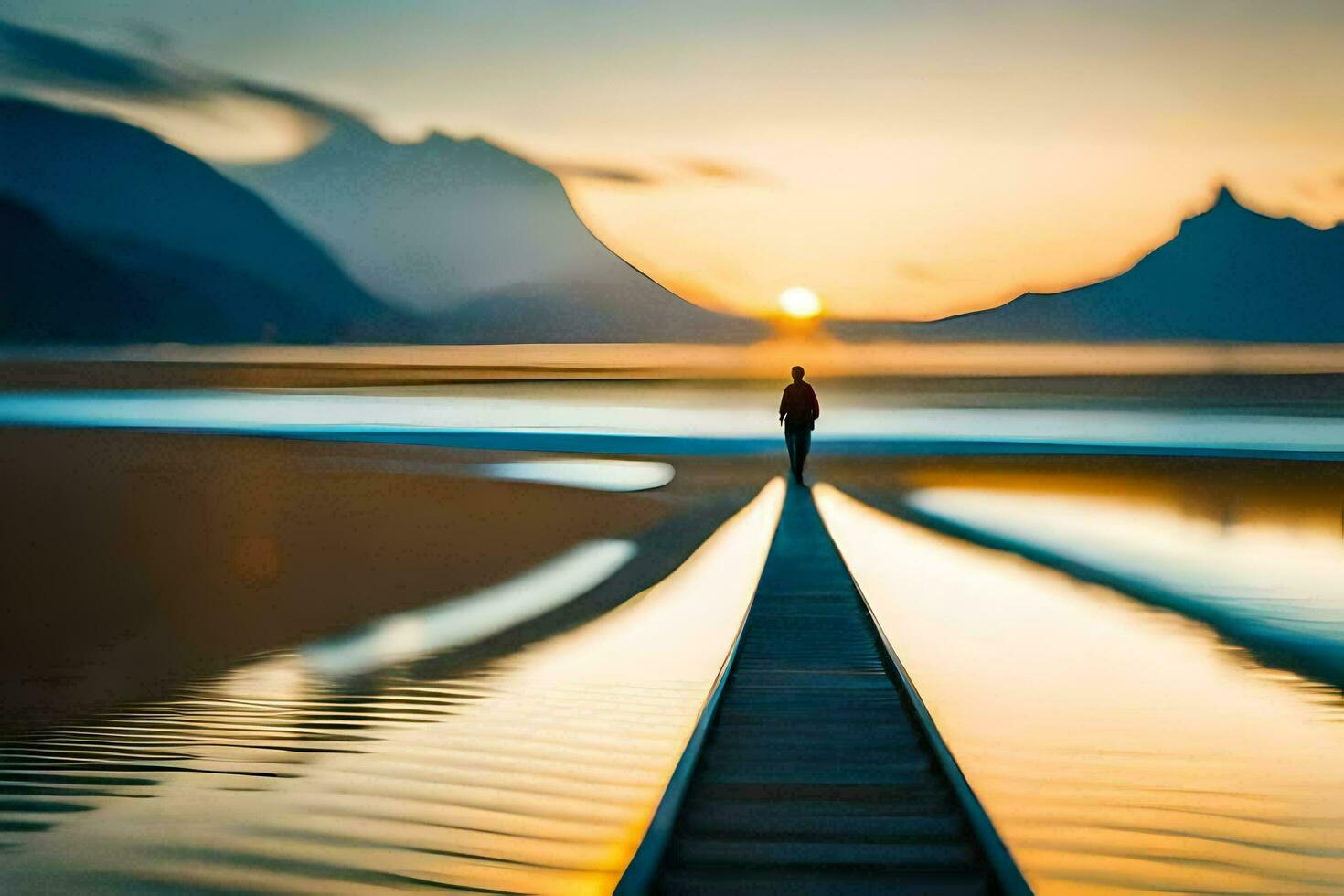 a man walking on a dock at sunset. AI-Generated photo