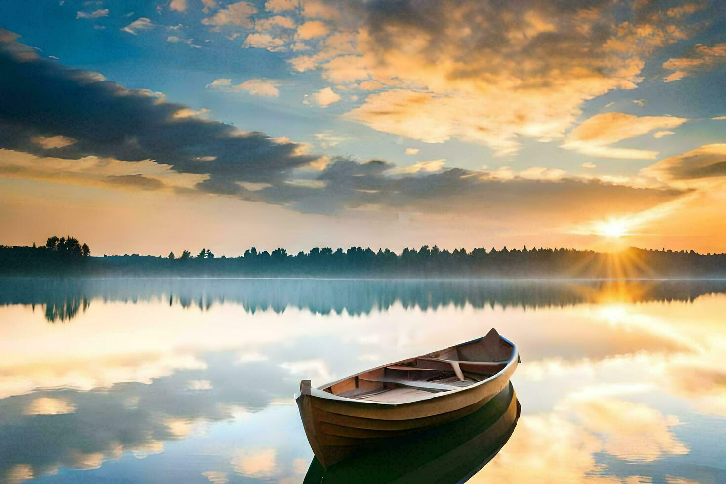 a boat is floating on the calm water at sunset. AI-Generated photo