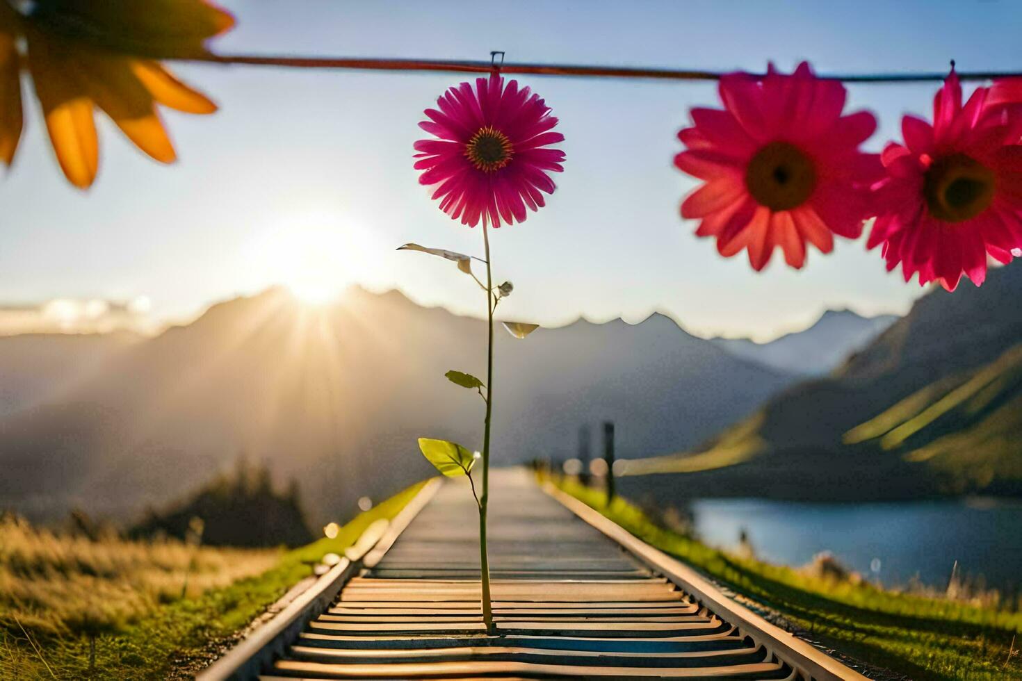 photo wallpaper the sky, flowers, mountains, sun, flowers, flowers, flowers, flowers,. AI-Generated