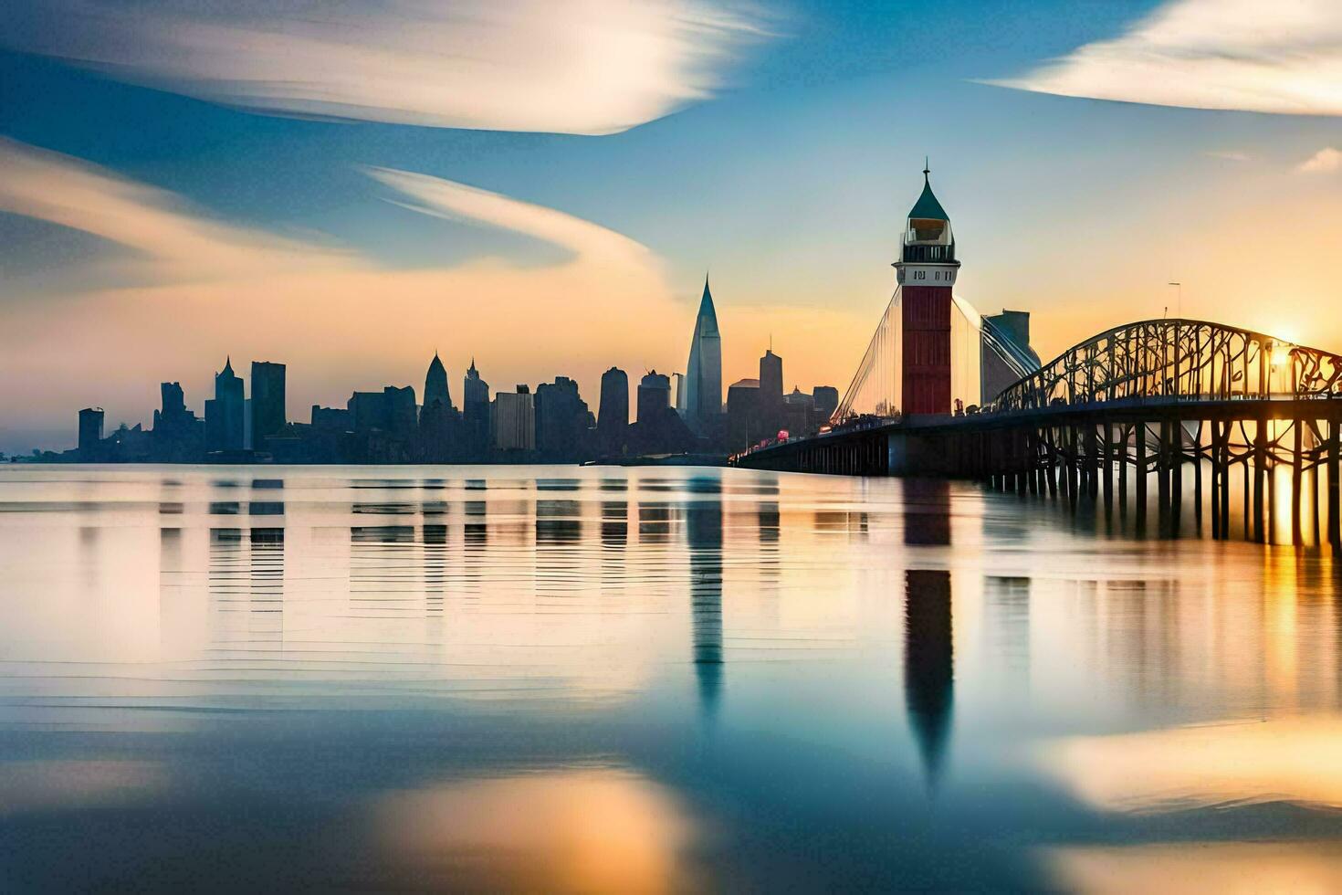 a city skyline is reflected in the water at sunset. AI-Generated photo