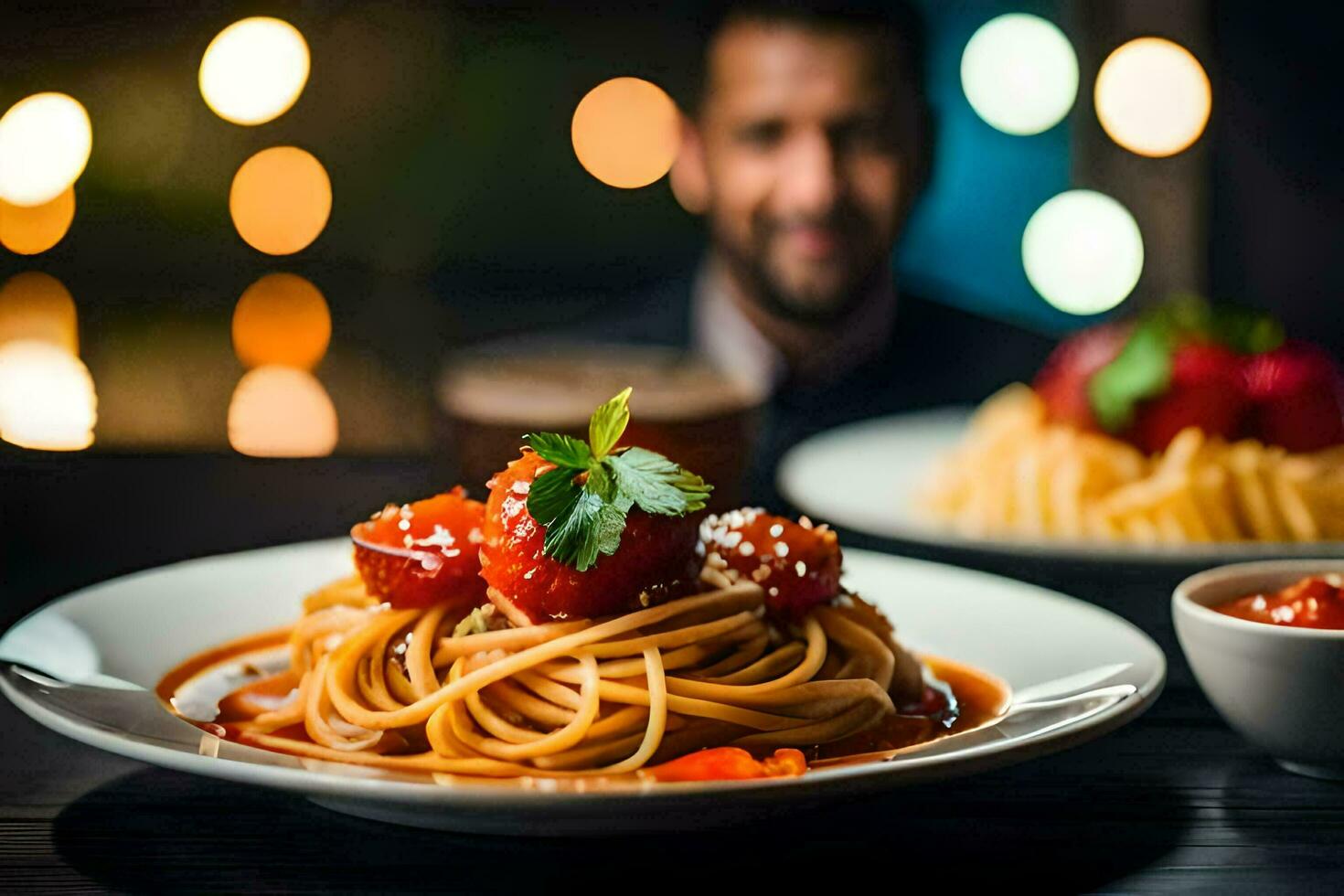 a man is sitting in the background with spaghetti and tomatoes. AI-Generated photo