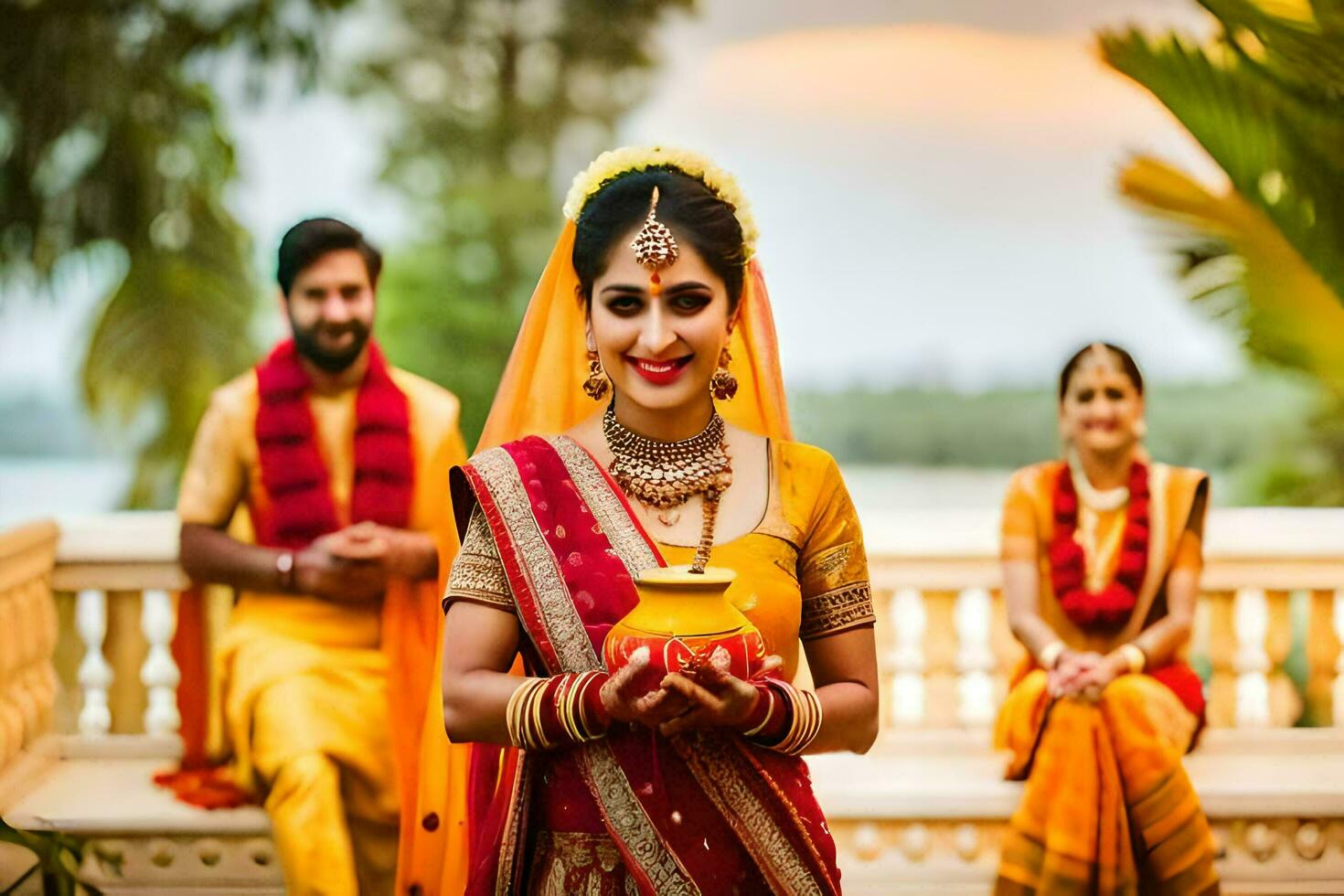 un novia y novio en tradicional indio atuendo. generado por ai foto