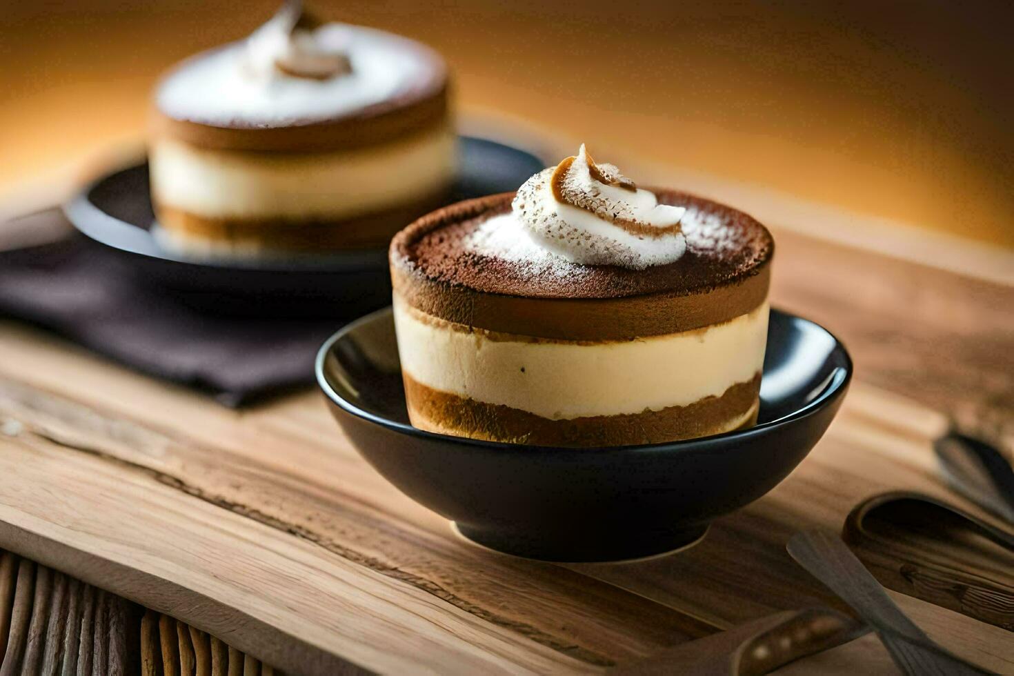 two desserts in black bowls on a wooden table. AI-Generated photo