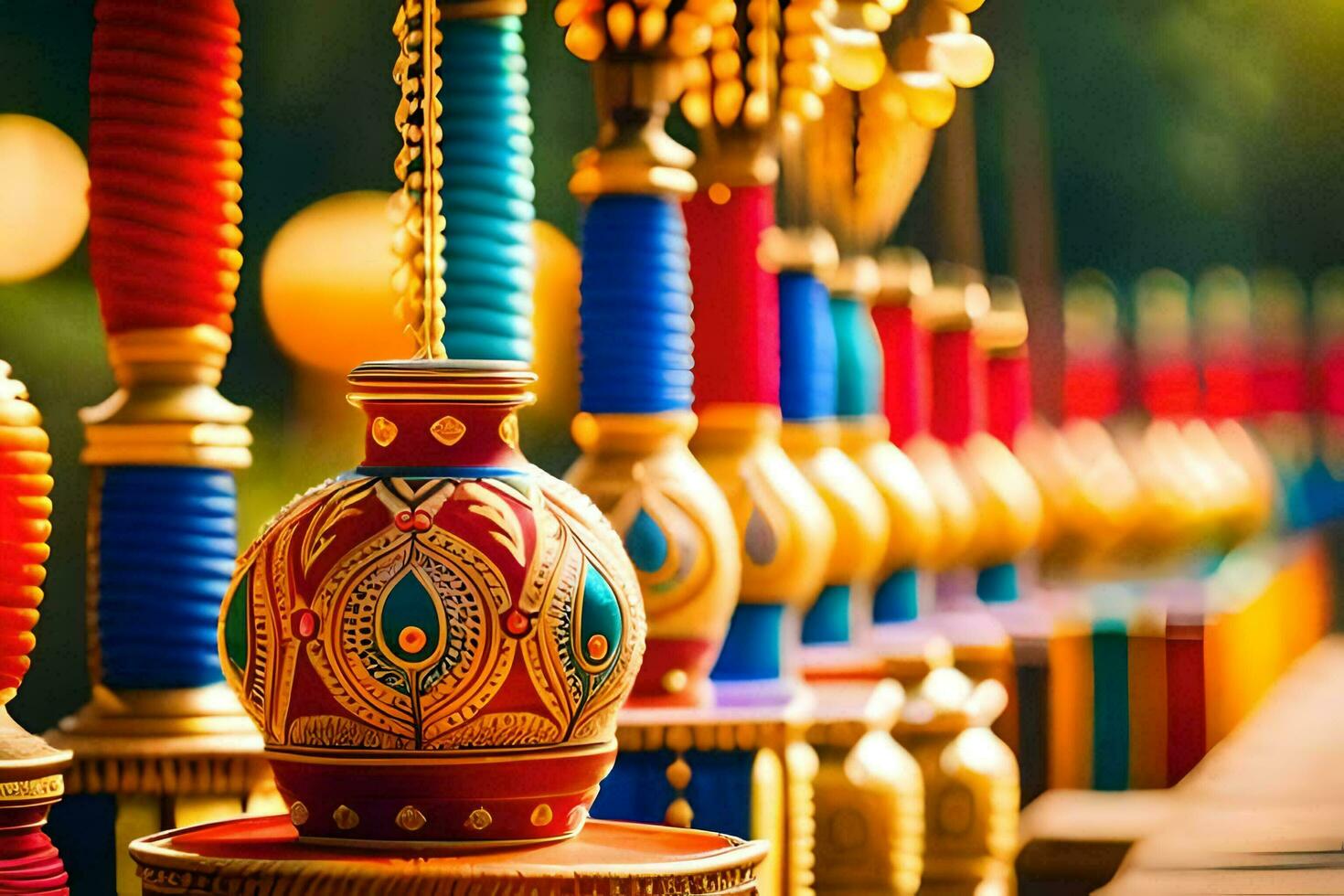 colorful vases are lined up on a wooden table. AI-Generated photo