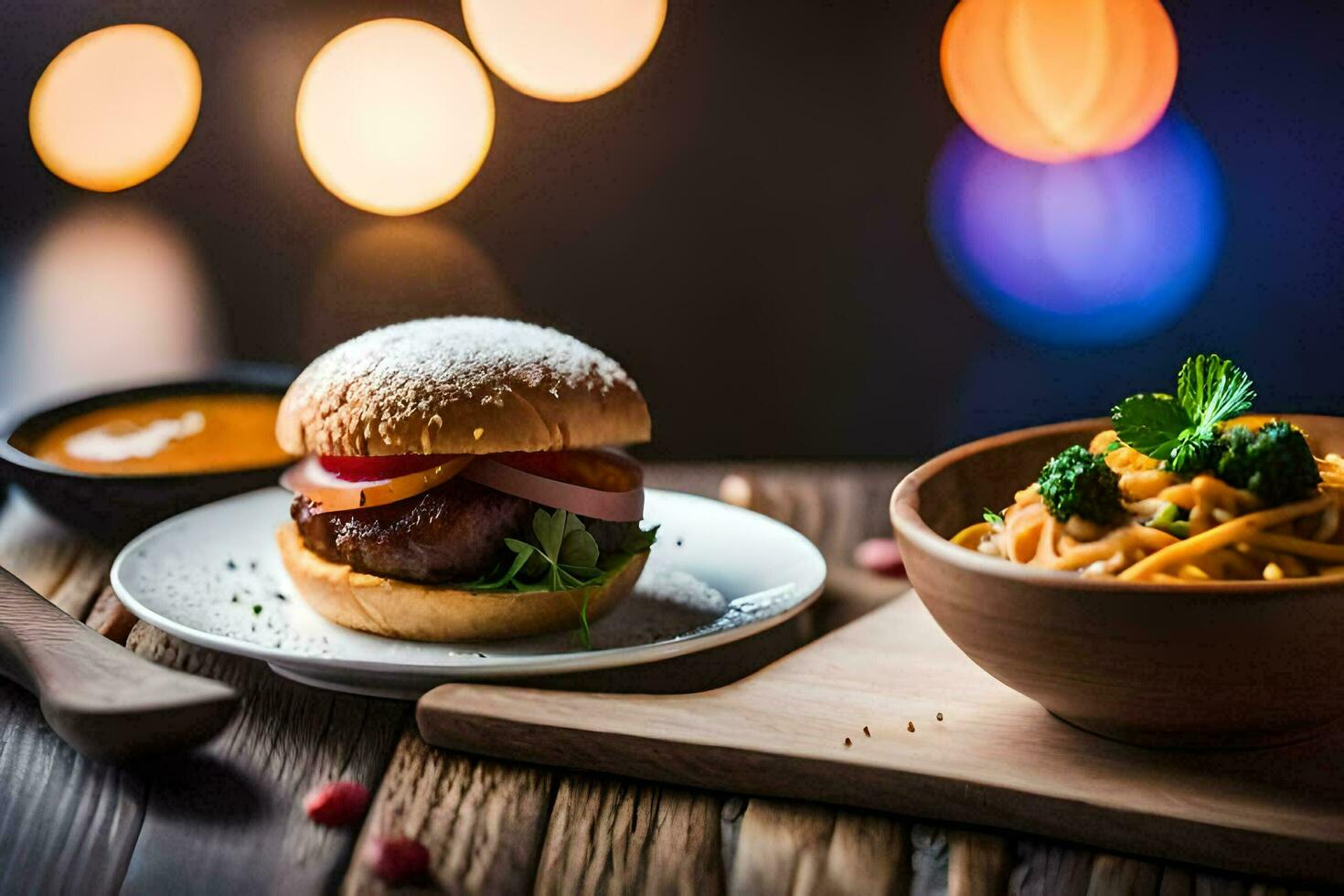 a plate with a burger and some noodles. AI-Generated photo