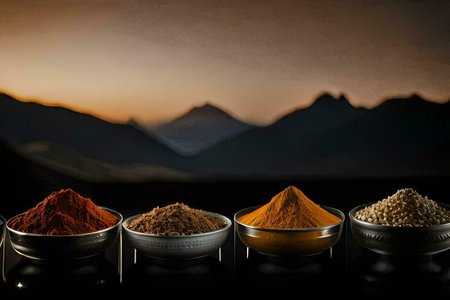 spices in bowls with mountains in the background. AI-Generated photo