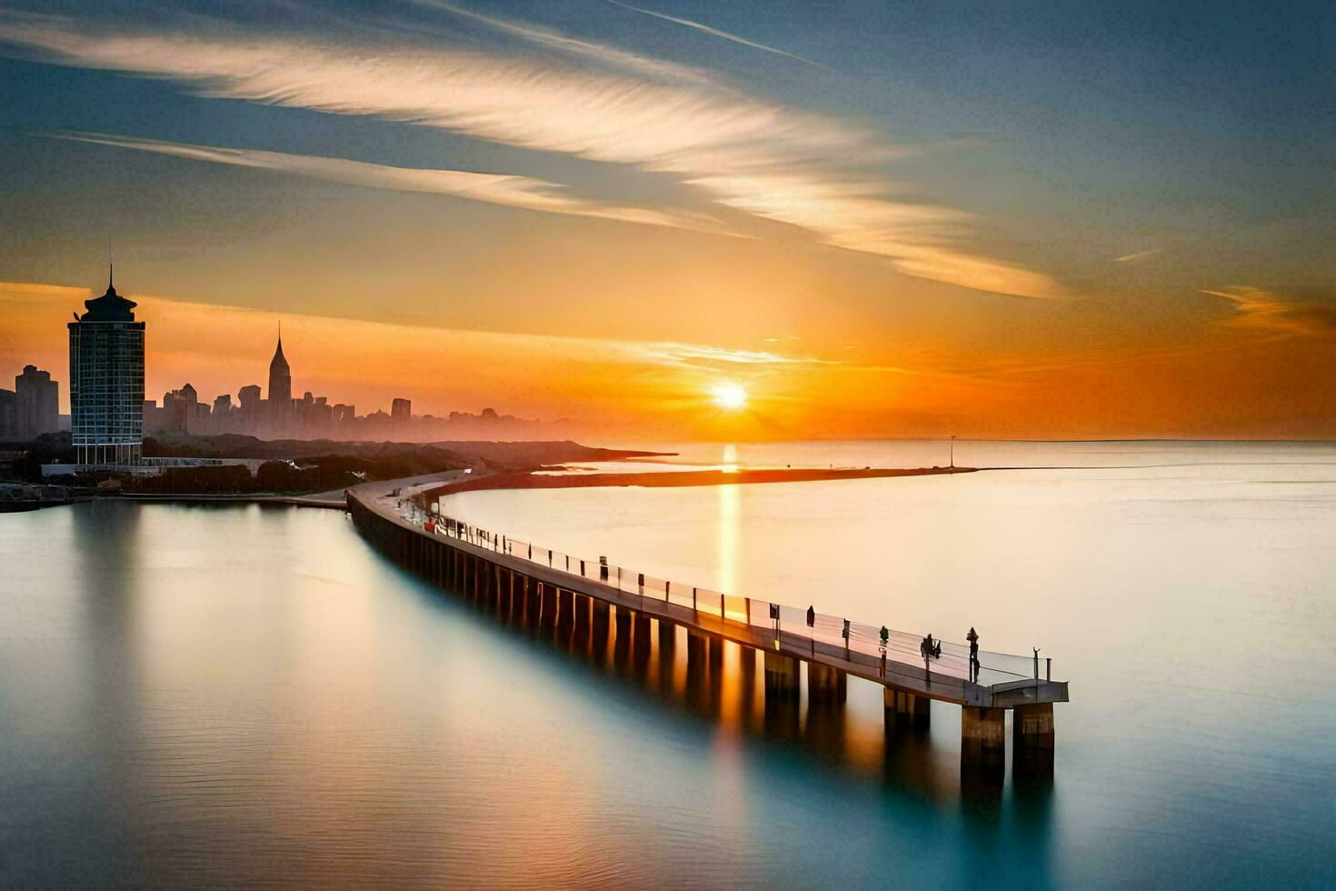 a long exposure photograph of a pier in the water at sunset. AI-Generated photo