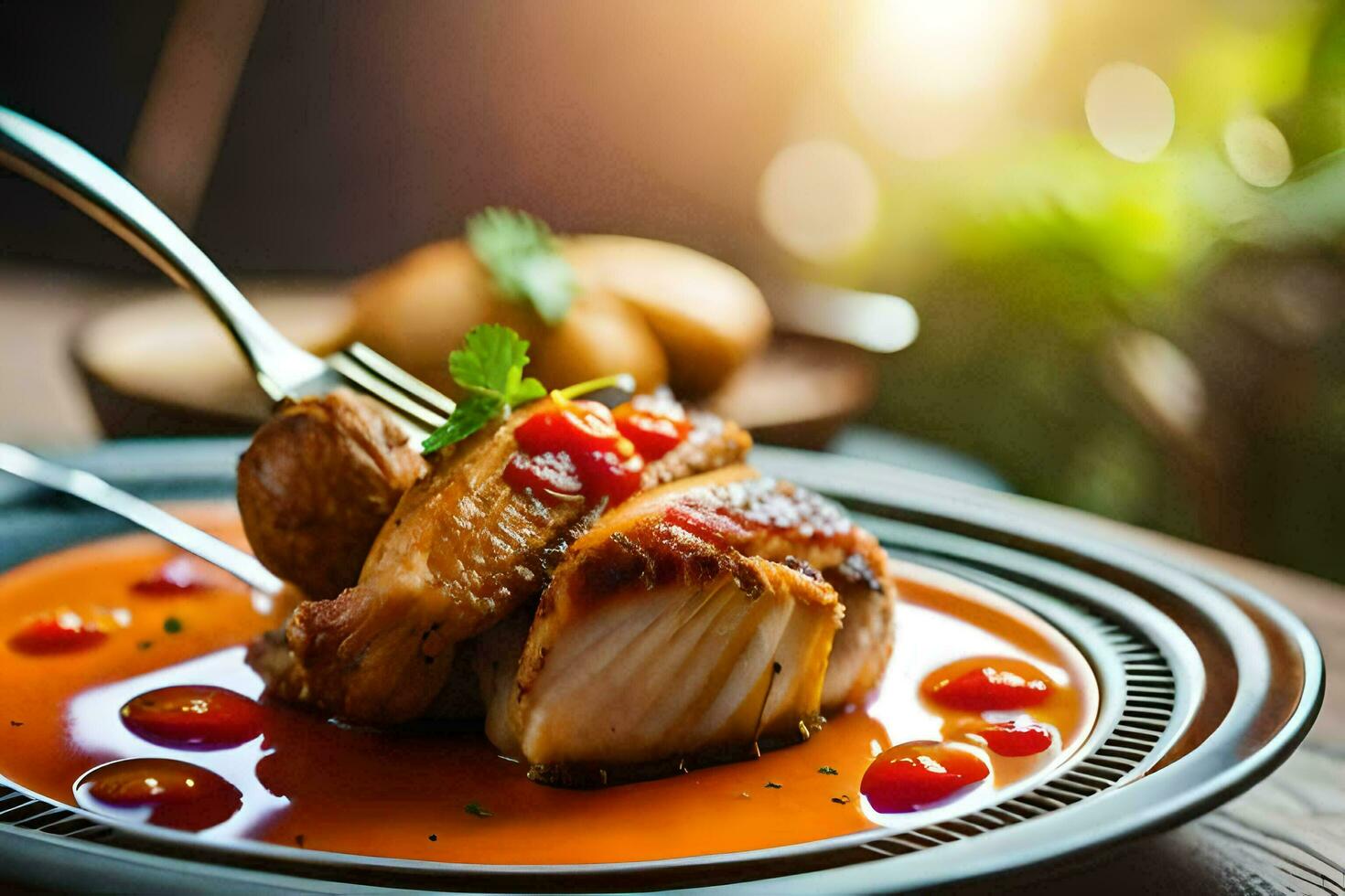 a plate with a piece of meat and sauce. AI-Generated photo
