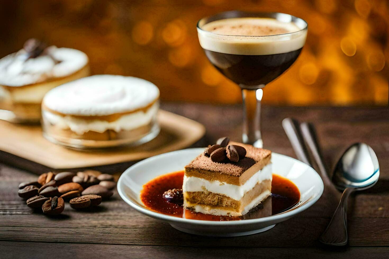 coffee and dessert on a wooden table. AI-Generated photo
