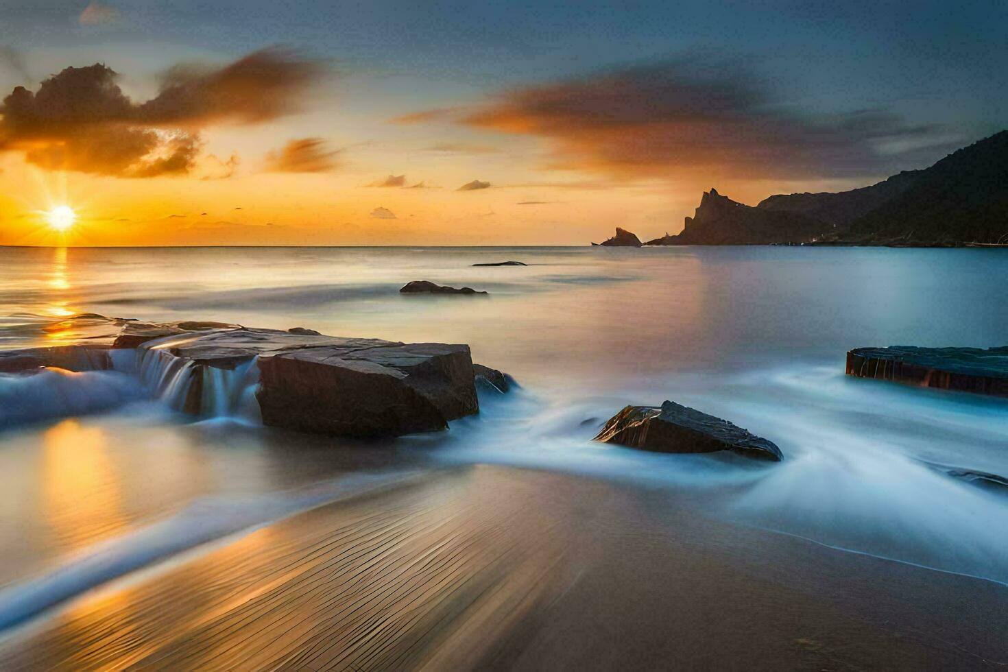 a beautiful sunset over the ocean with rocks and water. AI-Generated photo
