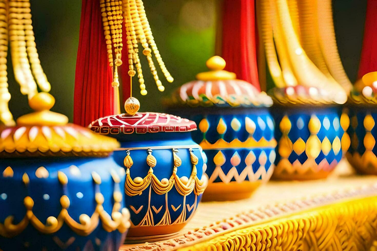 colorful pots with tassels on a table. AI-Generated photo