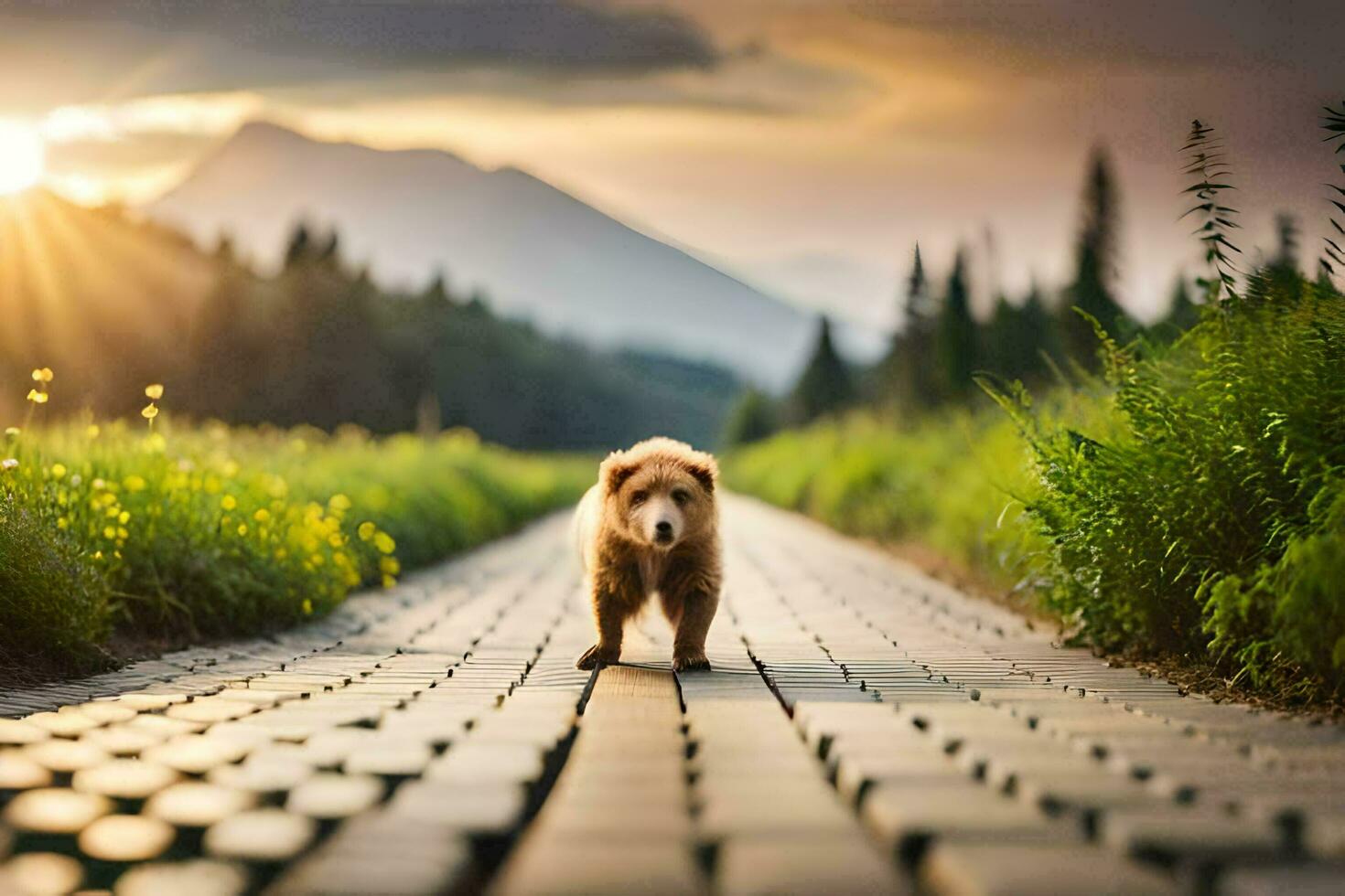 a bear walking on a road in the mountains. AI-Generated photo