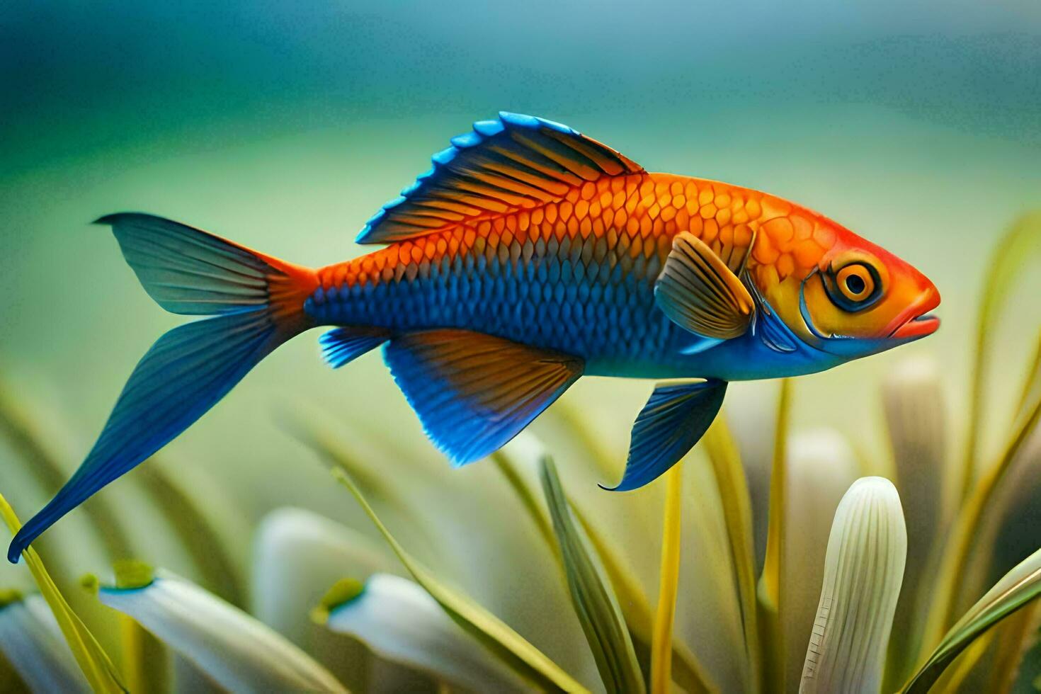 a fish in the water with grass and plants. AI-Generated photo