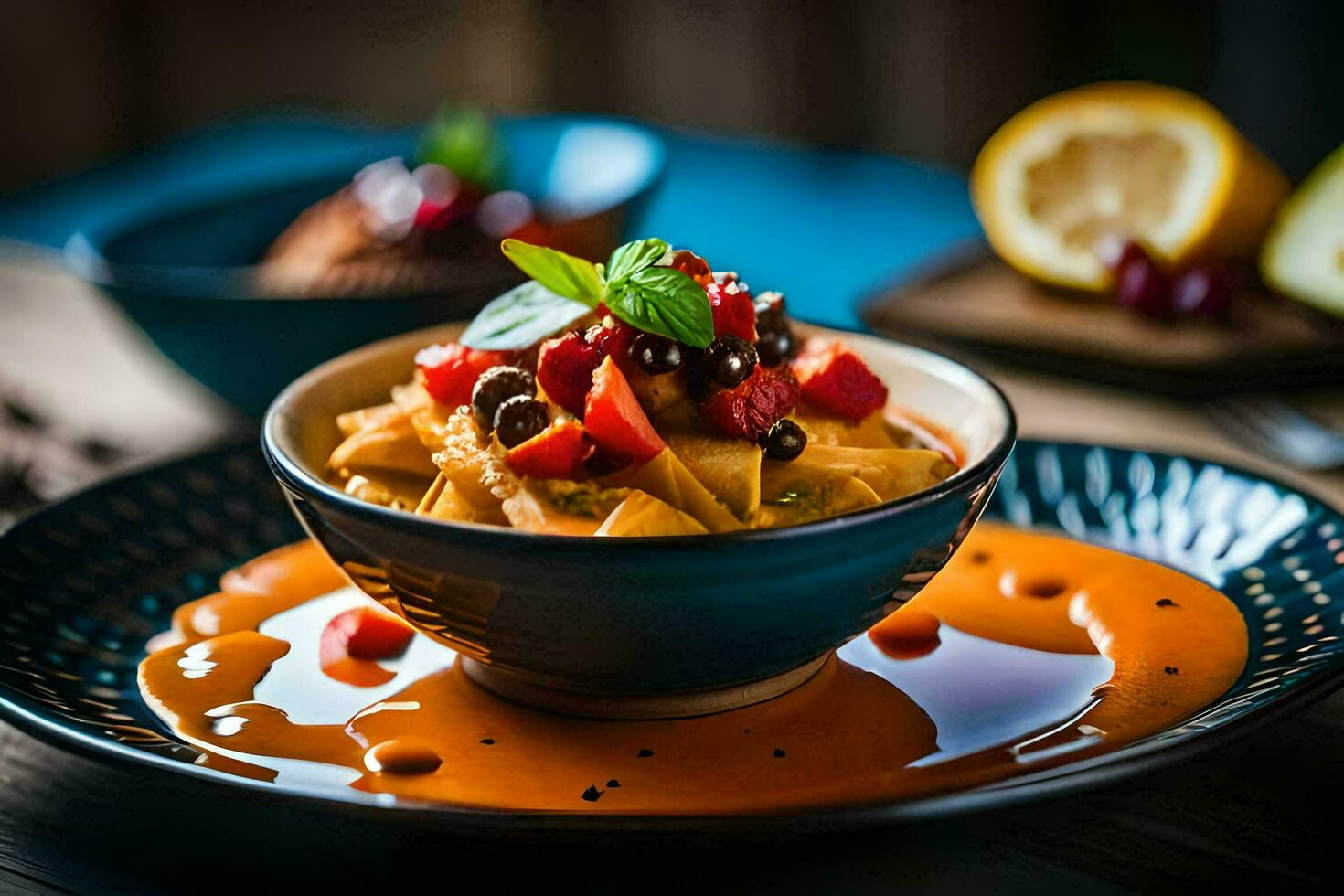 a bowl of pasta with sauce and fruit on a wooden table. AI-Generated photo